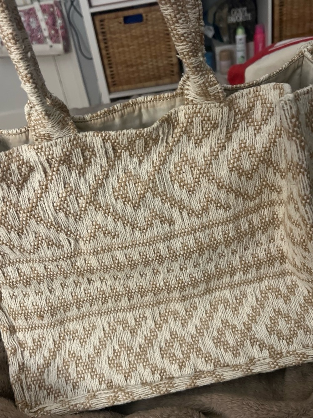 H&M Woven Tote Bag in Cream and Tan